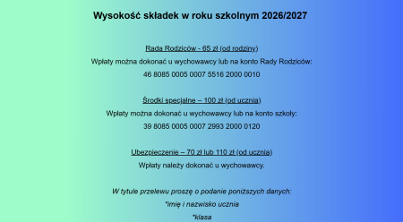 Wysokość składek w roku szkolnym 2026/2027